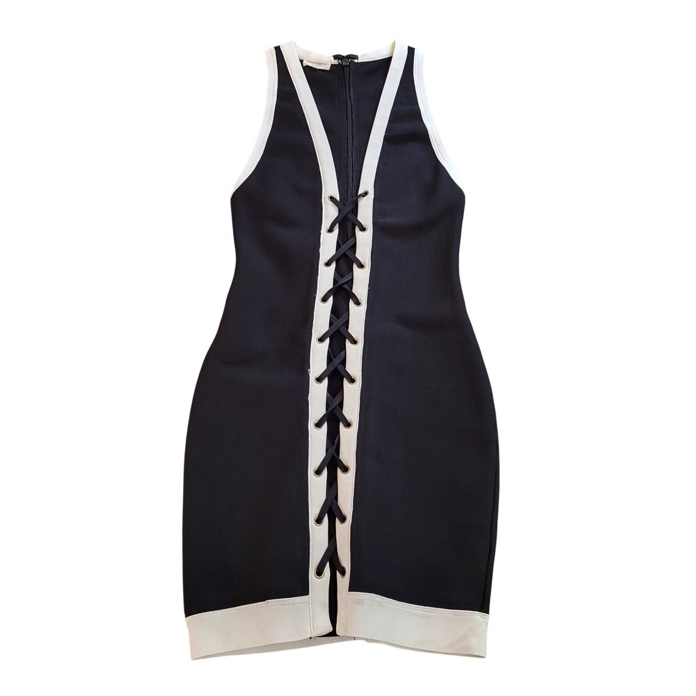 Mistress Rocks Black White Bandage Lace Up V-Neck Bodycon Mini Dress Womens S